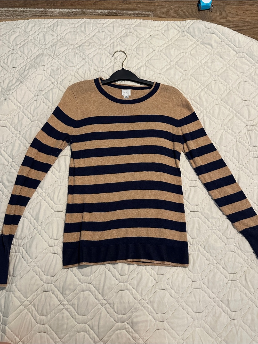 a new day Camel and Navy Striped Crewneck Sweater